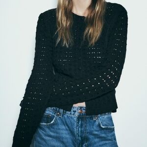 Zara Half Button Front Open Knit Lace Trim Cardigan Round Neck Split Black XL